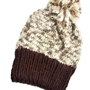 Brown & Ivory Crochet Pom Pom Beanie Cap